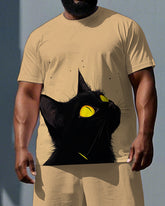 Big & Tall Men's Cute Black Cat Illustration Print Casual Breathable Short-Sleeve T-shirt Shorts Set